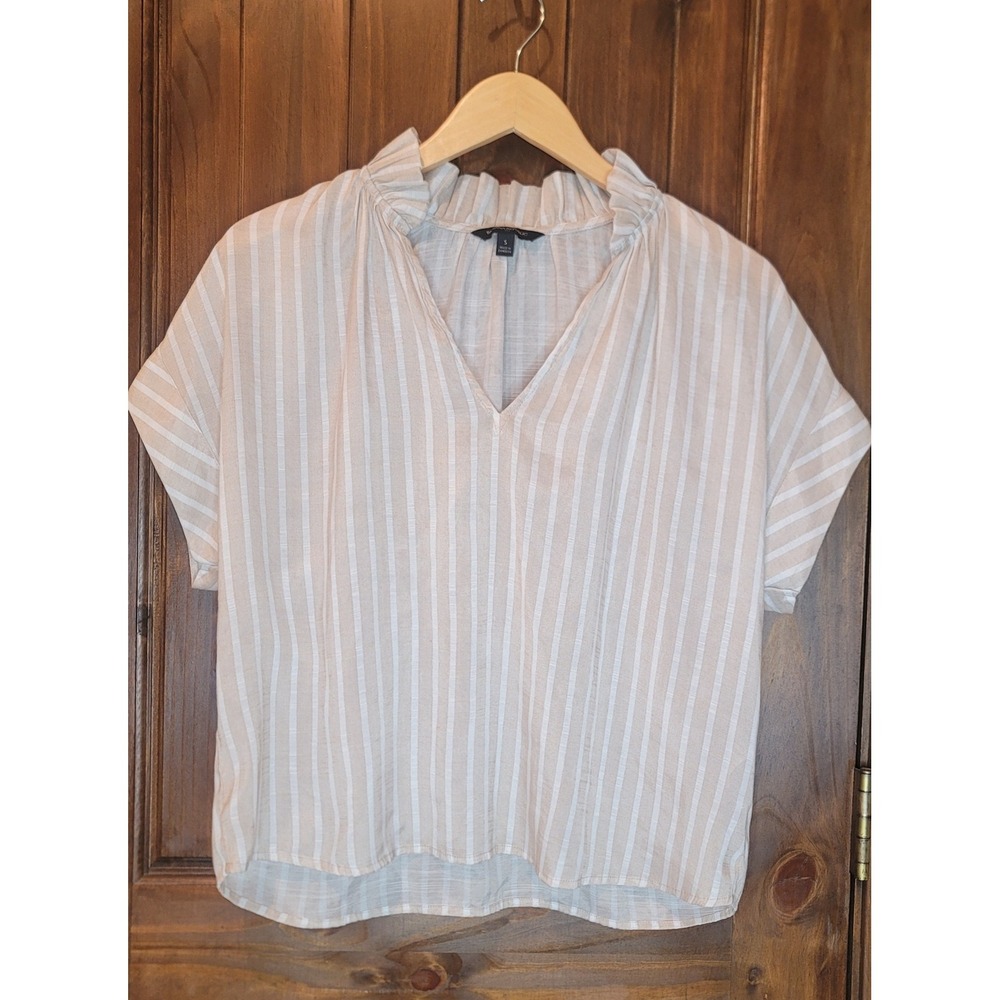 Banana‎ Republic Sheer Blouse S Beige White Stripe Light V Neck Ruffle Collar